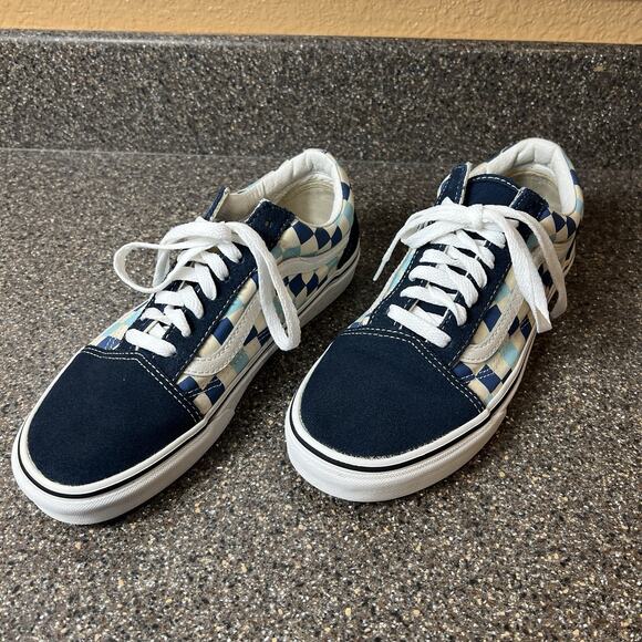 VANS Old Skool Blue Check Suede Canvas Skate Shoes Womens Sz 8.5 Low Top Lace Up - Picture 3 of 11